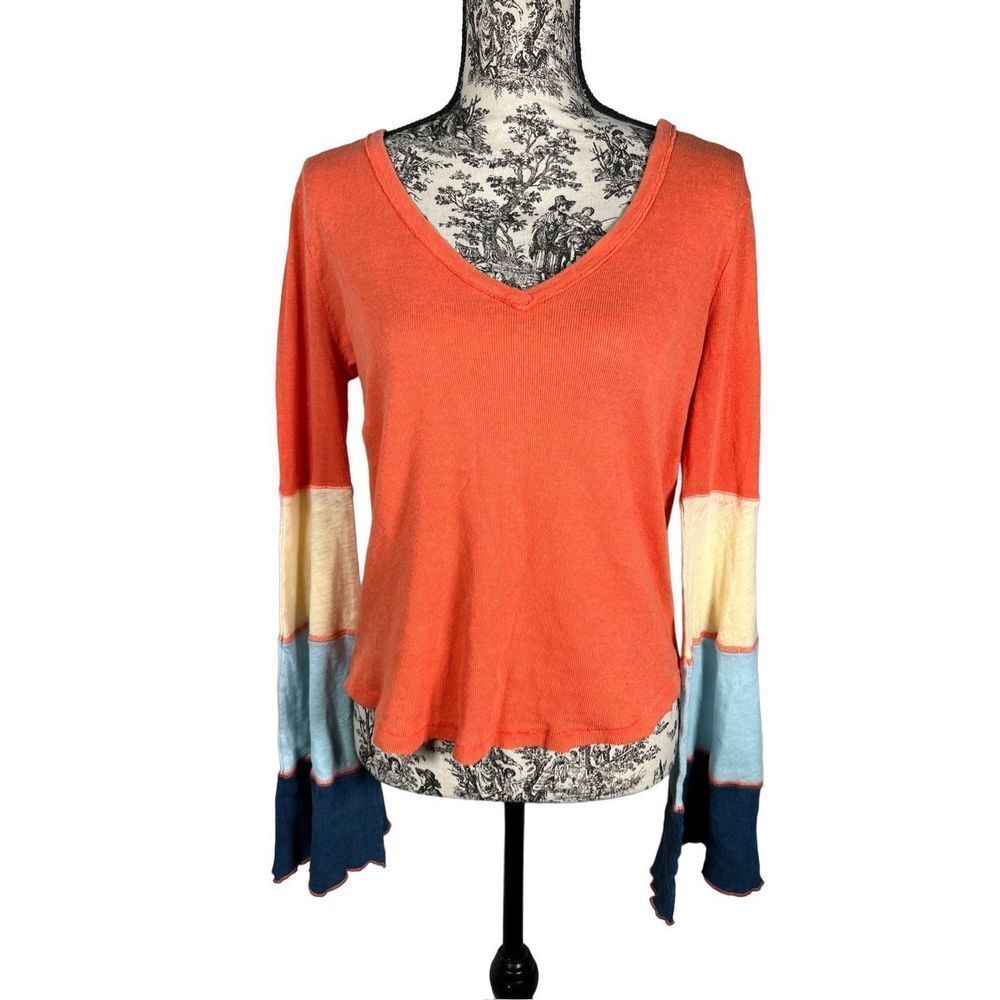 Free People Coral Orange Colorblock Long Sleeve V-Neck Top